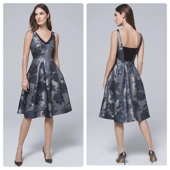 White House Black Market Dresses & Skirts - WHBM blue metallic jacquard fit flare dress